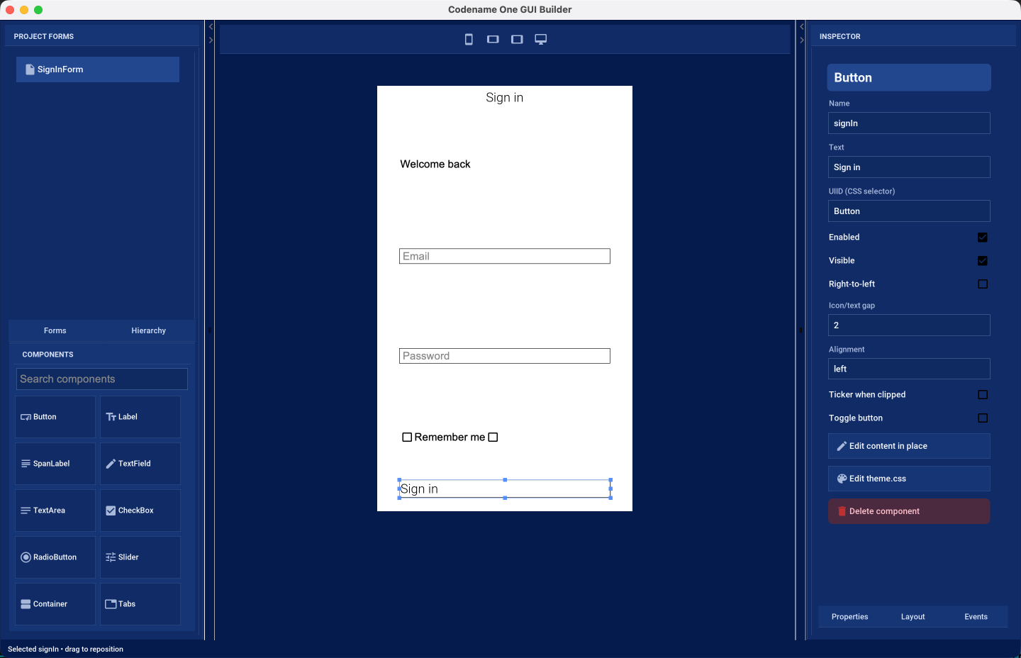The GUI builder editing a newly created form